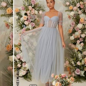 NWOT SHEIN Sweetheart Neck Zip Back Mesh Dress in Dusty Blue. Size Large.